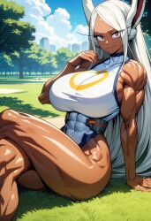 abs ai_generated animal_ears big_breasts boku_no_hero_academia breasts cleavage collarbone dark-skinned_female dark_skin exposed_shoulders female huge_breasts kemonogirls large_breasts long_hair looking_at_viewer mature_female midriff milf mirko miruko muscle_girl muscle_mommy muscles muscular muscular_female my_hero_academia red_eyes shonen_jump smile tight_clothing white_bodysuit white_hair