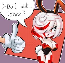 1boy 1girls big_breasts breasts bunny_ears bunnysuit cleavage fake_animal_ears hair_over_one_eye huge_breasts large_breasts red_eyes sage_(sonic_frontiers) short_hair solo solo_female solo_focus sonic_(series) sonic_frontiers sonic_the_hedgehog sonic_the_hedgehog_(series) thumbs_up white_hair wide_hips yelladrill