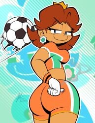 1girls artist_name ass ball big_ass blue_eyes breasts brown_hair daisy's_hot_stuff_(trend) dark-skinned_female dark_skin fat_ass female female_only gloves hand_on_hip highres huge_ass large_breasts legs looking_at_viewer looking_back mario_(series) mario_strikers midriff nintendo orange_shorts pose posing princess_daisy sensual short_hair shorts sideboob smile smug soccer soccer_ball soccer_uniform solo sportswear thighs