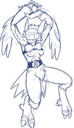 anthro armor belt big_paws blush breasts claws digimon fangs feathers female genderswap hair headgear helmet long_ears mesozoid monochrome nipples obstructed_eyes panting plain_background silphymon sketch solo toe_claws visor wings