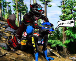 anthro canine couple dirt dog female forest halon humor jackal male mammal piercing riding sammichez thehuntingwolf tree wolf