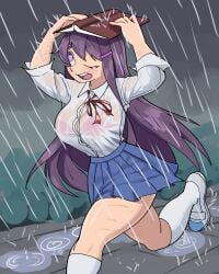 1girls big_breasts clothing dairenke_art doki_doki_literature_club female rain see-through see-through_clothing wet_clothes wet_clothing yuri_(doki_doki_literature_club)