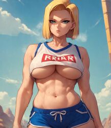 1girls abs ai_generated alex-schura android_18 bangs bare_shoulders blonde_hair blue_eyes blue_shorts blue_sky blush breasts closed_mouth clothing cloud cloudy_sky crop_top curvaceous curvaceous_female curvaceous_figure curvy curvy_figure day dragon_ball dragon_ball_super dragon_ball_z earrings female female_focus female_only jewelry large_breasts looking_at_viewer midriff muscle muscular_female navel no_bra outdoors shirt short_hair short_shorts shorts skindentation sky sleeveless solo sports_shorts sportswear standing stomach sweat thick_thighs thighs toned underboob voluptuous voluptuous_female wife
