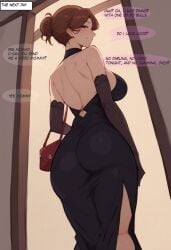 1girls ai_generated ass ass_focus back back_view bare_arms bare_shoulders bare_thighs big_ass big_breasts big_butt blush brown_eyes brown_hair clothed clothing color cuckold dress english_text female female_focus female_only hi_res large_breasts light-skinned_female light_skin long_hair looking_at_viewer motherly_cuckold original_character santaclausai solo solo_female tagme text thick_thighs