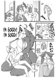 absurd_res angry anthro bikini bra breasts canine clothing comic crying female furious hi_res human kazuhiro kemono larger_female male mammal monochrome nipples o_o shocked size_difference swimsuit tears translated underwear wolf