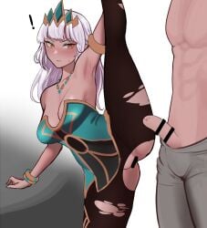 1boy absurdres armlet armpits bar_censor bare_shoulders blunt_bangs bracelet breasts brown_pants brown_pantyhose cel_da_lin censored cleavage collarbone covered_navel crown dark-skinned_female dark_skin dress female green_dress grey_hair highres jewelry large_breasts league_of_legends leg_up long_hair looking_at_viewer mole mole_under_eye necklace pants pantyhose penis penis_face qiyana_(league_of_legends) qiyana_yunalai short_dress simple_background split standing standing_on_one_leg standing_split strapless strapless_dress topless torn_clothes torn_pantyhose white_background