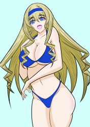 1girls arm_under_breasts big_breasts bikini blonde_hair blue_bikini blue_eyes breasts busty cecilia_alcott cleavage drill_hair female female_only hairband highres infinite_stratos large_breasts legs long_hair looking_at_viewer navel open_mouth sensual smile solo swimsuit thighs thong_bikini tongue underboob very_long_hair voluptuous