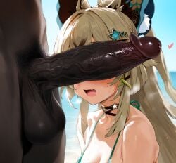 ai_generated beach big_penis bikini blonde_hair catgirl dark-skinned_male genshin_impact kirara_(genshin_impact) mirham penis penis_on_face