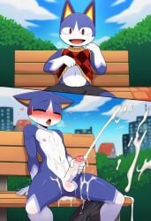 ai_generated animal_crossing comic cum cumshot excessive_cum masturbation nintendo nude outdoors penis public public_nudity rover_(animal_crossing) undressing video_games