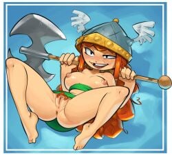 1girls ass ass_focus barbara_(rayman) barbarian bichrom big_ass blush breasts brown_eyes curly_hair female female_only forest hair helmet long_hair missing_tooth puckered_anus pussy rayman_(series) rayman_legends red_hair scar solo_female spread_anus straight sweat tagme ubisoft