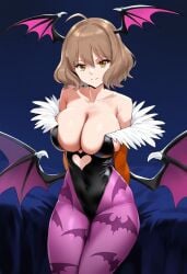 ai_generated anis_(nikke) breasts brown_eyes brown_hair capcom cleavage cosplay covered_navel darkstalkers female goddess_of_victory:_nikke huge_breasts large_breasts morrigan_aensland_(cosplay) short_hair skimpy_clothes skin_tight smile solo tagme wings