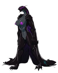 2015 anthro anthrofied areola big_breasts black_scales breasts capcom cape claws clothing dragon english_text erect_nipples eyeless female gore_magala grey_scales kpnsfw monster_hunter nipples nude plain_background purple_nipples purple_scales pussy scalie solo text toe_claws video_games white_background wings