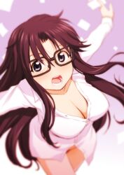 black-framed_eyewear blurry blush bottomless breasts brown_hair cleavage collared_shirt depth_of_field dress_shirt female glasses hair_intakes large_breasts long_hair looking_at_viewer naked_shirt open_mouth outstretched_arms parted_bangs partially_unbuttoned read_or_die rectangular_eyewear sakaki_imasato shirt smile solo very_long_hair white_shirt yomiko_readman