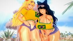 2girls big_breasts black_hair black_hair_female blake_belladonna blonde_female blonde_hair bow brazil brazilian_flag breasts canon_couple cleavage purple_eyes rwby stormstriker tan_body tan_skin yang_xiao_long yellow_eyes