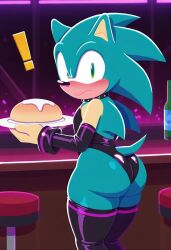 ! ai_generated big_thighs black_sleeves blue_fur blush femboy green_eyes hedgehog leotard looking_at_viewer nightclub sonic_(series) sonic_the_hedgehog sonic_the_hedgehog_(series) tail thick_ass thighhighs two_tone_fur