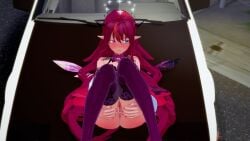 3d blush car elf_ears female female heterochromia hololive hololive_english horns irys irys_(hololive) koikatsu long_hair looking_away outside red_hair showing_pussy virtual_youtuber vtuber