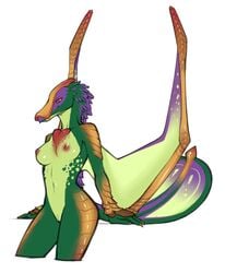 2015 anthro avian beak bird_wyvern breasts capcom claws feathers female green_feathers green_scales monster_hunter nipples nude orange_scales plain_background purple_feathers pussy qurupeco red_eyes red_nipples red_skin scalie sitting solo spearfrost video_games white_background white_scales wings