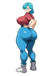 ai_generated big_ass big_breasts bulma_briefs dat_ass dragon_ball dragon_ball_super dragon_ball_z female female_focus full_body mullon novelai simple_background solo that_ass_was_fat yoga_pants