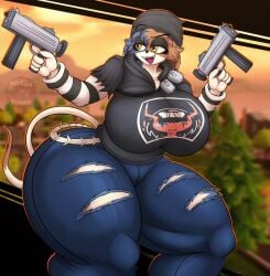 anthro ass beanie big_breasts big_butt black_beanie black_clothing black_hat black_headwear black_sweater black_topwear blue_body blue_bottomwear blue_clothing blue_fur blue_pants bottomwear breasts calico_cat clothing domestic_cat epic_games felid feline felis female fortnite fur gun hat headgear headwear hi_res huge_breasts huge_butt huge_thighs hyper hyper_thighs mammal meow_skulls_(fortnite) multicolored_body multicolored_fur nightlyflare orange_body orange_fur pants ranged_weapon solo sweater tan_body tan_fur thick_thighs topwear torn_bottomwear torn_clothing torn_pants weapon yellow_eyes