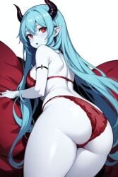 1girls ai_generated ass ass_focus back back_view backside bed big_ass big_butt blanket blue_hair demon demon_girl demon_horns demon_humanoid elith_(unknownspy) female female_only horns imminent_sex long_hair looking_at_viewer looking_back looking_back_at_viewer lying lying_on_bed red_blanket red_bra red_eyes red_panties solo solo_female tagme unknownspy white_background white_body white_skin