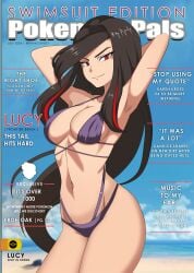 big_breasts bikini breasts brown_hair long_hair looking_at_viewer lucy_(pokemon) magazine_cover pike_queen_lucy pokemon red_eyes red_highlights swimsuit thighs vivivoovoo