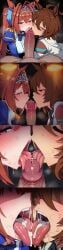 1boy 2girls agnes_tachyon_(umamusume) ai_generated animal_ears brown_hair cum cum_in_mouth daiwa_scarlet_(umamusume) fellatio looking_at_viewer tagme umamusume