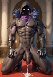 abs ai_generated balls biceps big_balls big_penis blush breath cum cum_on_penis ejaculation fortnite gay looking_at_viewer male male_only muscular muscular_male nipples no_mouth nude_male on_knees pecs penis purple_eyes raven_(fortnite) toned_body toned_male twall97