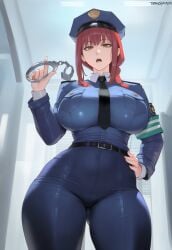 ai_generated alternate_costume belt chainsaw_man cop handcuffs hydrolis999 jeans large_breasts makima_(chainsaw_man) police_hat police_uniform red_hair thiccwithaq_(ai_style)