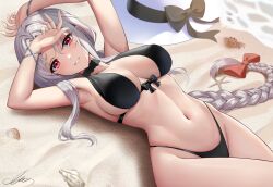 archerko_(himura_kiseki) armpits beach bikini black_bikini black_swimsuit braid breasts clothing commission crab female grey_hair hair_ornament hair_ribbon hat headwear highleg highleg_bikini highleg_swimsuit large_breasts long_hair low-braided_long_hair navel parted_lips ponytail red_eyes red_ribbon ribbon sand seashell shell shore signature single_braid sion_(9117) skeb_commission smile solo starfish stomach sun_hat swimsuit teeth tied_hair water white_headwear