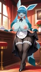 1girls ai_generated big_breasts curvy_figure dress_lift eeveelution exposed_breasts female generation_4_pokemon glaceon high_heels ice_type maid maid_headdress maid_uniform nintendo pokemon pokemon_(species) revealing_breasts sirenia sole_female solo solo_focus stockings topless