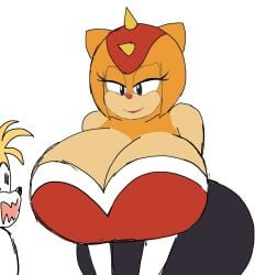 bodysuit busty curvy horny_male huge_breasts momiji_(artist) neckline rouge_the_bat_(cosplay) seductive_female sonic_(series) spandex_suit tails_the_fox trip_the_sungazer