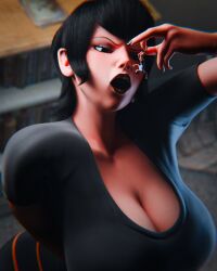 1boy 1girls 3d 3d_(artwork) angry angry_expression angry_face big_breasts black_hair black_lips black_lipstick breasts clothed clothed_female clothed_male female_focus giant_woman giantess hotel_transylvania mavis_dracula pre_vore shrunk shrunken_male size_difference sprankeez vampire vampire_girl