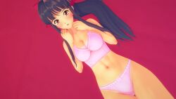 1girls 3d big_breasts blue_hair brown_eyes busty camisole cleavage female hair_ribbon large_breasts long_hair looking_at_viewer lying midriff navel panties ponytail sakura_shinguji sakura_wars sega sensual toned voluptuous