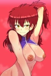 aikawa_arika breasts_out earrings female_focus gundam gundam_00 large_breasts long_hair nena_trinity open_clothes pose red_hair smile yellow_eyes