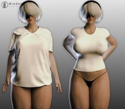 1girls 3d 3d_(artwork) android android_girl big_breasts black_blindfold black_hairband black_underwear blindfold bradengts breasts female female_focus female_only hairband light_skin light_skinned_female neutral_expression nier nier:_automata nier_(series) pantless robot robot_girl robot_humanoid shirt short_hair smile smile_at_viewer smiling solo solo_female solo_focus t-shirt/pajamas_challenge thick_thighs underwear white_hair white_shirt yorha_2b