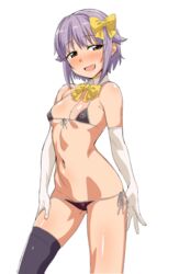 :d bikini blush bow breasts brown_eyes chikuishi cleavage cowboy_shot detached_collar elbow_gloves erect_nipples female gloves grey_hair grey_legwear hairbow idolmaster idolmaster_cinderella_girls koshimizu_sachiko micro_bikini navel open_mouth short_hair simple_background single_thighhigh small_breasts smile solo string_bikini swimsuit thighhighs white_background