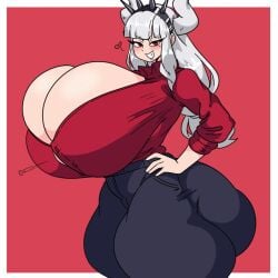 artist_name beauty_mark big_breasts buttons_popping female female_only hands_on_hips heart helltaker inakotho light_blush looking_at_viewer lucifer_(helltaker) red_eyes smiling_at_viewer sole_female thick_ass twitter_link white_hair