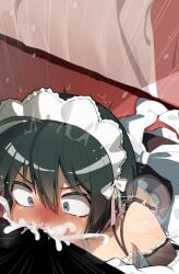 1boy absurdres bar_censor black_eyes black_hair censored cum cum_in_mouth cum_overflow deepthroat elbow_gloves fellatio female gloves highres kore_ga_watashi_no_goshujin-sama maid maid_headdress mizumizuni oral penis sawatari_izumi short_hair solo_focus straight white_gloves