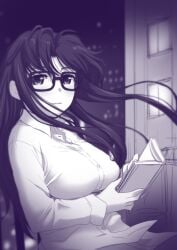 00s blush breasts cleavage clothed_breasts commentary_request female glasses greyscale holding indoors large_breasts long_hair looking_at_viewer medium_breasts monochrome parted_lips read_or_die sakaki_imasato sketch solo yomiko_readman