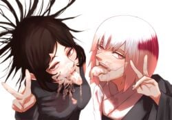 2girls after_fellatio blush brown_hair cum_in_mouth cum_on_face ikecchi_(hayato_moon) jujutsu_kaisen looking_at_viewer multiple_girls open_mouth tongue_out uraume v yorozu_(jujutsu_kaisen)