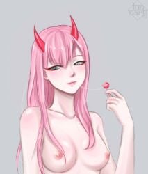 1girls breasts darling_in_the_franxx green_eyes heart-shaped_pupils horns lollipop long_hair lunnaryart medium_breasts nipples pink_hair red_horns saliva saliva_string solo zero_two_(darling_in_the_franxx)