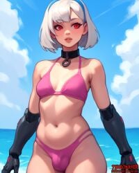 absurd_res absurdres ai_assisted ai_generated bangs beach bikini bulge bulge_through_clothing choker cute cute_face dickgirl eyelashes eyeliner fortnite futanari high_resolution highres lexa_(fortnite) pale-skinned_female pale-skinned_futanari pale_skin petite petite_body petite_breasts petite_female red_eyes short_hair slim small_breasts standing thecoomjurer white_hair