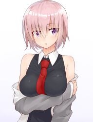 1girls big_breasts black_shirt breasts fate/grand_order fate_(series) female hair_over_one_eye mash_kyrielight mashu pink_hair purple_hair red_neckwear red_tie shielder_(fate) shielder_(fate/grand_order) shirt shunichi solo tie type-moon