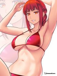 armpits arms_up bare_shoulders bikini chainsaw_man etchimune female grin looking_at_viewer makima_(chainsaw_man) medium_hair navel orange_eyes red_bikini red_hair sidelocks smile stomach swimsuit upper_body white_background zoom_layer