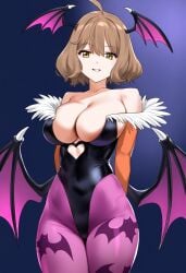 ai_generated anis_(nikke) breasts brown_eyes brown_hair capcom cleavage cosplay covered_navel darkstalkers female goddess_of_victory:_nikke huge_breasts large_breasts morrigan_aensland_(cosplay) short_hair skimpy_clothes skin_tight smile solo tagme wings