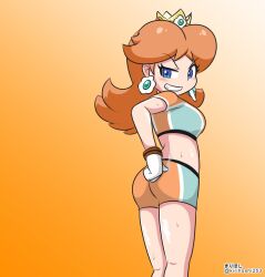 ass ass_focus blue_eyes blush breasts brown_hair clothing crop_top crown daisy's_hot_stuff_(trend) earrings female female_only fumes gloves grin hand_on_hip headwear jewelry kirihoshi legs long_hair looking_at_viewer looking_back mario_(series) mario_strikers midriff nintendo princess_daisy seducing shirt short_shorts shorts smile solo spats sportswear super_mario_bros. sweat sweatdrop thighs white_gloves