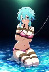 ai_generated asada_shino bikini blue_eyes blue_hair blush bondage chains kneeling looking_at_viewer rope rope_bondage sinon sword_art_online