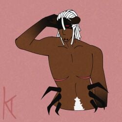 4_arms dark-skinned_male dreadlocks happy_trail insect_humanoid insectoid male mastectomy_scar multi_arm multi_eye multi_limb partially_human pest_(regretevator) red_background red_eyes regretevator solo top_surgery_scars white_hair