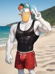 abs ai_generated anthro bara beach bulge cantsleep96 disney duck ducktales ducktales_(2017) hat hi_res launchpad_mcquack male male_only muscular muscular_male pecs red_hair smile smiling smiling_at_viewer solo v_sign wet wet_clothes wink winking_at_viewer