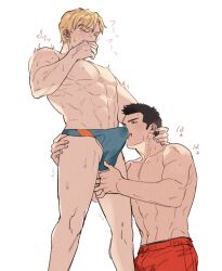 2boys abs ao_isami bara black_hair black_hair_bottom blonde_hair blonde_hair_on_black_hair blonde_hair_top blush bulge couple covering_own_mouth domination erection erection_under_clothes facial_hair feet_out_of_frame large_pectorals lewis_smith licking_bulge light_hair_on_dark_hair maji_(m) male_focus male_swimwear multiple_boys muscular muscular_male nipples official_alternate_costume pectorals saliva sideburns_stubble speedo stubble swim_briefs thick_eyebrows tongue tongue_out topless_male trembling yaoi yuuki_bakuhatsu_bang_bravern